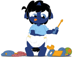 Size: 7600x6000 | Tagged: safe, artist:evilfrenzy, oc, oc only, oc:frenzy, unicorn, anthro, unguligrade anthro, age regression, baby, ball, cookie, diaper, foal, food, nudity, rugrats, screwdriver, solo, toy