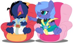 Size: 10064x6000 | Tagged: safe, artist:evilfrenzy, princess luna, oc, oc:frenzy, alicorn, unicorn, anthro, unguligrade anthro, g4, age regression, anthro oc, baby, car seat, diaper, female, filly, foal, fruna, rugrats, woona, younger