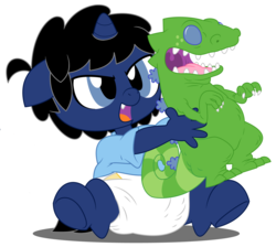 Size: 6700x6000 | Tagged: safe, artist:evilfrenzy, oc, oc only, oc:frenzy, unicorn, anthro, unguligrade anthro, age regression, baby, diaper, foal, reptar, rugrats, solo, toy