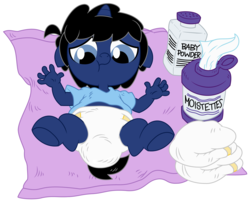 Size: 7432x6000 | Tagged: safe, artist:evilfrenzy, oc, oc only, oc:frenzy, unicorn, anthro, unguligrade anthro, age regression, baby, baby powder, baby wipes, diaper, diaper change, diaper fetish, fetish, foal, foal powder, messy diaper, poopy diaper, rugrats, solo, toy