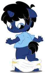 Size: 3704x6000 | Tagged: safe, artist:evilfrenzy, oc, oc only, oc:frenzy, unicorn, anthro, unguligrade anthro, age regression, ass, baby, butt, diaper, foal, rugrats, solo, wardrobe malfunction, we don't normally wear clothes