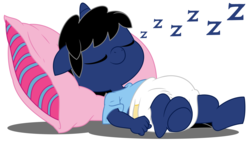 Size: 10000x5696 | Tagged: safe, artist:evilfrenzy, oc, oc only, oc:frenzy, unicorn, anthro, unguligrade anthro, age regression, baby, diaper, foal, onomatopoeia, rugrats, sleeping, solo, sound effects, zzz