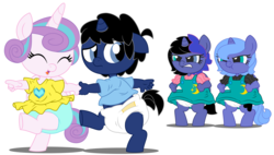 Size: 10600x6000 | Tagged: safe, artist:evilfrenzy, princess flurry heart, princess luna, oc, oc:cruithne, oc:frenzy, alicorn, unicorn, anthro, unguligrade anthro, g4, age regression, angry, anthro oc, baby, diaper, female, filly, foal, fruna, jealous, offspring, parent:oc:frenzy, parent:princess luna, parents:canon x oc, parents:fruna, rugrats, woona, younger