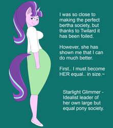 Size: 1498x1698 | Tagged: safe, artist:two-ton-neko, starlight glimmer, anthro, plantigrade anthro, g4, alternate universe, breasts, busty starlight glimmer, green background, looking at you, narration, simple background, weight gain