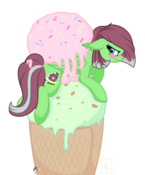 Size: 1744x2107 | Tagged: safe, artist:favnhellef, oc, oc only, oc:watermelon success, pegasus, pony, blush sticker, blushing, floppy ears, food, ice cream, simple background, solo, watermark, white background, ych result