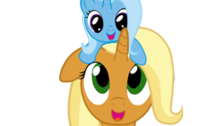 Size: 1920x1080 | Tagged: source needed, safe, artist:darkwolfmx, edit, sunflower spectacle, trixie, pony, unicorn, g4, female, filly, filly trixie, happy, like mother like daughter, like parent like child, mother and daughter, open mouth, ponies riding ponies, pony hat, recolor, riding, smiling, trixie riding sunflower spectacle, younger