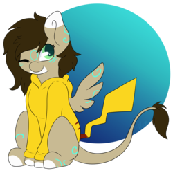 Size: 3600x3600 | Tagged: safe, artist:melonzy, oc, oc only, oc:rune, pegasus, pikachu, pony, brown mane, female, filly, green eyes, happy, high res, long tail, one eye closed, pokémon, simple background, smiling, solo, sweatshirt, transparent background