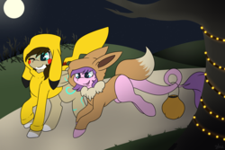 Size: 5400x3600 | Tagged: safe, artist:melonzy, oc, oc only, oc:melon sweet, oc:rune, eevee, pikachu, pony, brown mane, candy, clothes, costume, dusk, female, filly, food, friendship, full moon, green eyes, halloween, happy, holiday, leotard, long tail, moon, one eye closed, open mouth, pokémon, purple mane, smiling, string lights, sweatshirt, trail, tree