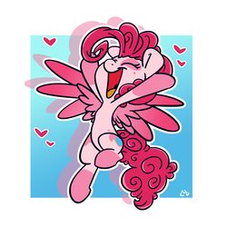 Size: 1500x1500 | Tagged: safe, artist:lou, pinkie pie, pegasus, pony, g4, abstract background, cheering, coat markings, cute, dappled, diapinkes, eyes closed, female, flying, g5 concept leak style, g5 concept leaks, happy, heart, mare, open mouth, pegasus pinkie pie, pinkie pie (g5 concept leak), race swap, shadow, smiling, solo, spread wings, wings