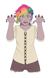 Size: 1250x1920 | Tagged: safe, artist:nubeinvernal, oc, oc only, oc:rainbow feather, human, claws, clothes, ear piercing, earring, horn, horned humanization, horns, humanized, interspecies offspring, jewelry, magical lesbian spawn, offspring, parent:gilda, parent:rainbow dash, parents:gildash, piercing, rawr, solo