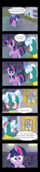 Size: 2000x8626 | Tagged: safe, artist:andromedasparkz, bellflower blurb, moondancer, twilight sparkle, alicorn, pony, unicorn, g4, the point of no return, adorkable, best book borrower, book, bust, canterlot library, clothes, comic, cute, dancerbetes, dialogue, dork, floppy ears, glasses, holding book, librarian, portrait, sweat, sweater, twilight sparkle (alicorn)