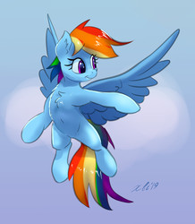 Size: 3206x3669 | Tagged: safe, artist:xbi, rainbow dash, pegasus, pony, chest fluff, cloud, female, flying, gradient background, mare, solo, spread wings, wings