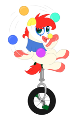 Size: 1800x2800 | Tagged: safe, artist:ponkus, oc, oc only, oc:jester jokes, earth pony, pony, clown, happy, juggling, solo, unicycle