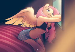 Size: 2362x1654 | Tagged: safe, artist:katputze, fluttershy, pegasus, anthro, g4, adorasexy, beautisexy, bed, bedroom, belly button, bra, breasts, clothes, crepuscular rays, cute, female, frilly underwear, happy, mare, reasonably sized breasts, relaxed, sexy, shorts, shyabetes, sitting, smiling, solo, underwear, window, wing fluff, wings