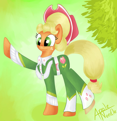 Size: 1421x1368 | Tagged: safe, artist:appleneedle, applejack, earth pony, pony, g4, sparkle's seven, alternate hairstyle, apple chord, clothes, cute, female, hat, jackabetes, solo