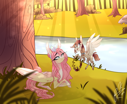 Size: 2780x2292 | Tagged: safe, artist:iheyyasyfox, fluttershy, oc, oc:cindy fugax, pony, g4, crepuscular rays, female, filly, floral head wreath, flower, forest, high res, mother and daughter, offspring, parent:bulk biceps, parent:fluttershy, parents:flutterbulk, prone, river, tree