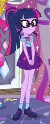 Size: 251x613 | Tagged: safe, screencap, pinkie pie, sci-twi, twilight sparkle, equestria girls, fomo, g4, my little pony equestria girls: better together, clothes, cropped, cute, female, geode of telekinesis, glasses, legs, magical geodes, offscreen character, ponytail, shoes, skirt, smiling, socks