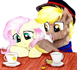 Size: 2306x2097 | Tagged: safe, artist:liaaqila, fluttershy, oc, oc:amber glow, pegasus, pony, fanfic:inner strength, series:who we become, g4, fanfic art, female, food, high res, tea, traditional art