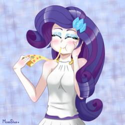 Size: 3200x3204 | Tagged: safe, artist:morestar, rarity, human, equestria girls, g4, :>, abstract background, blushing, clothes, cute, dress, eating, eyes closed, female, food, hairpin, happy, high res, humanized, makeup, pizza, puffy cheeks, raribetes, sleeveless, smiling, solo, sparkles