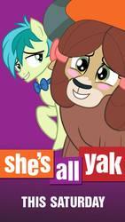 Size: 1080x1921 | Tagged: safe, sandbar, yona, earth pony, pony, yak, g4, official, she's all yak, adventure in the comments, arguments on the comments, blushing, bow, bowtie, cute, facebook, female, grin, hair bow, male, parody, parody poster, poster parody, ship:yonabar, shipping, shipping fuel, smiling, straight, text, yonadorable