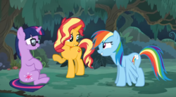 Size: 967x537 | Tagged: safe, screencap, rainbow dash, sci-twi, sunset shimmer, twilight sparkle, pegasus, pony, unicorn, equestria girls, equestria girls specials, g4, my little pony equestria girls: better together, my little pony equestria girls: spring breakdown, cropped, cute, equestria girls ponified, female, glasses, human pony dash, looking at each other, mare, ponified, sitting, smiling, trio, unicorn sci-twi