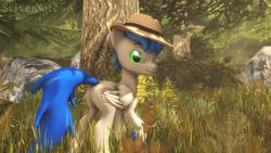 Size: 1920x1080 | Tagged: safe, artist:pesty_skillengton, artist:silvernote, oc, oc only, oc:record melodie, pegasus, pony, 3d, butt, featureless crotch, fedora, forest, hat, looking at you, male, plot, solo, source filmmaker, stallion