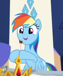 Size: 415x499 | Tagged: safe, screencap, rainbow dash, pegasus, pony, equestria girls, equestria girls specials, g4, my little pony equestria girls: better together, my little pony equestria girls: spring breakdown, cropped, cute, dashabetes, equestria girls ponified, female, fondue, holding, hoof hold, human pony dash, mare, open mouth, ponified, smiling