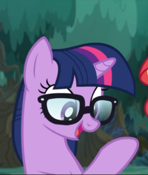 Size: 651x769 | Tagged: safe, screencap, sci-twi, sunset shimmer, twilight sparkle, pony, unicorn, equestria girls, equestria girls specials, g4, my little pony equestria girls: better together, my little pony equestria girls: spring breakdown, cropped, equestria girls ponified, female, glasses, offscreen character, open mouth, ponified, raised hoof, smiling, solo focus, unicorn sci-twi