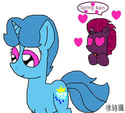 Size: 741x668 | Tagged: safe, artist:徐詩珮, fizzlepop berrytwist, spring rain, tempest shadow, pony, unicorn, g4, my little pony: the movie, broken horn, duo, female, heart, heart eyes, horn, lesbian, mare, ship:springshadow, shipping, simple background, white background, wingding eyes