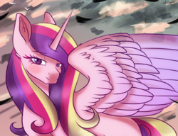 Size: 3000x2300 | Tagged: safe, artist:greenmarta, princess cadance, alicorn, pony, g4, bedroom eyes, cute, cutedance, ear fluff, eyebrows, eyebrows visible through hair, female, high res, looking at you, mare, smiling, smiling at you, solo, spread wings, wing fluff, wings