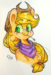Size: 1615x2385 | Tagged: safe, artist:soundwavepie, applejack, earth pony, pony, g4, bandana, blushing, bust, cheek fluff, chest fluff, colored pupils, cute, female, freckles, jackabetes, marker drawing, neckerchief, portrait, shoulder freckles, solo, straw in mouth, traditional art