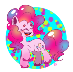 Size: 1280x1261 | Tagged: safe, artist:lemon-mint-the-pony, pinkie pie, earth pony, pony, g4, abstract background, beanbrows, blushing, cute, diapinkes, ear fluff, eyebrows, eyes closed, female, mare, open mouth, solo, unshorn fetlocks
