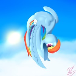 Size: 1280x1280 | Tagged: safe, artist:coleleedraws, rainbow dash, pegasus, pony, g4, cute, dashabetes, female, flexible, flying, mare, signature, sky, solo, spread wings, upside down, wings