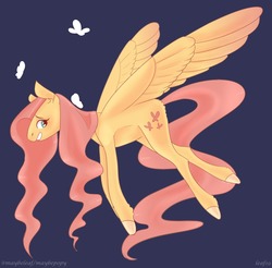 Size: 1280x1259 | Tagged: safe, artist:maybepopy, fluttershy, butterfly, pegasus, pony, g4, blue background, butt fluff, colored hooves, cute, dark background, ear fluff, female, leg fluff, mare, profile, shyabetes, simple background, solo, spread wings, wings