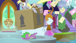 Size: 1920x1080 | Tagged: safe, screencap, derpy hooves, spike, g4, the point of no return, box, letter, mail, waterfall