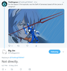Size: 601x638 | Tagged: safe, barely pony related, evangelion unit-0, jim miller, lance of longinus, meta, neon genesis evangelion, rei ayanami, text, twitter