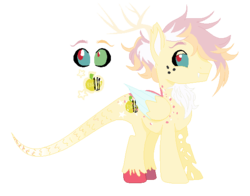 Size: 602x472 | Tagged: safe, artist:lynxxit, oc, oc only, oc:golden fair, antlers, base used, bio in the source, colored sclera, colored wings, colored wingtips, cutie mark, draconequus hybrid, facial hair, fangs, freckles, goatee, magical threesome spawn, male, multiple parents, next generation, parent:big macintosh, parent:discord, parent:fluttershy, parents:discomacshy, reference sheet, simple background, solo, stallion, transparent background, unshorn fetlocks