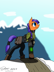 Size: 1920x2560 | Tagged: safe, artist:derpanater, oc, oc only, oc:rutabaga, earth pony, pony, fallout equestria, armor, clothes, commission, digital art, fanfic, fanfic art, female, hooves, mare, mountain, pipbuck, saddle bag, snow, solo
