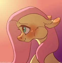 Size: 1280x1305 | Tagged: safe, artist:maybepopy, part of a set, fluttershy, pony, g4, blushing, bust, ear blush, female, floppy ears, gradient background, mare, profile, red nosed, solo