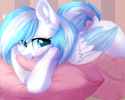 Size: 2500x2000 | Tagged: safe, artist:alphadesu, oc, oc only, oc:contrail skies, pegasus, pony, cheek fluff, colored wings, colored wingtips, cute, ear fluff, female, high res, mare, ocbetes, pillow, prone, raised tail, smiling, solo, tail