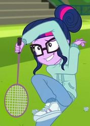 Size: 496x696 | Tagged: safe, screencap, sci-twi, twilight sparkle, equestria girls, equestria girls series, g4, stressed in show, stressed in show: rainbow dash, badminton, clothes, cropped, female, glasses, hair bun, hoodie, shuttlecock, smiling, solo, tennis racket