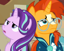 Size: 573x454 | Tagged: safe, edit, edited screencap, screencap, starlight glimmer, sunburst, pony, unicorn, g4, season 8, the parent map, animated, cropped, duo, facial hair, female, frown, gif, glasses, goatee, male, mare, open mouth, sigh, stallion, unamused