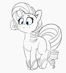 Size: 1341x1480 | Tagged: safe, artist:pabbley, rarity, pony, unicorn, g4, boots, ear fluff, female, lineart, looking down, mare, missing cutie mark, monochrome, partial color, shoes, smiling, solo