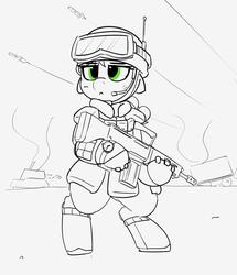 Size: 1353x1576 | Tagged: safe, artist:pabbley, applejack, earth pony, pony, g4, assault rifle, bipedal, female, goggles, gun, helmet, holding, lineart, mare, military, monochrome, partial color, rifle, solo, watch, weapon, wristwatch
