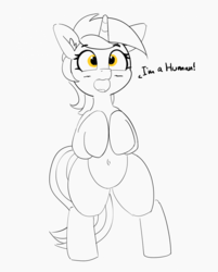 Size: 1200x1491 | Tagged: safe, artist:pabbley, lyra heartstrings, pony, unicorn, g4, belly button, bipedal, female, happy, humie, lineart, mare, monochrome, open mouth, partial color, simple background, smiling, solo, text