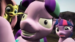 Size: 1280x720 | Tagged: artist needed, safe, artist:danthebronyman, fluttershy, starlight glimmer, twilight sparkle, alicorn, pegasus, pony, unicorn, g4, 3d, close-up, confused, extreme close-up, face of evil, faic, female, gmod, insane face, insanity, jaw drop, s5 starlight, shrunken pupils, smiling, spread wings, teeth, trio, trio female, twilight sparkle (alicorn), wat