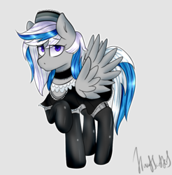 Size: 847x861 | Tagged: source needed, safe, artist:itwasscatters, oc, oc only, oc:lady lightning strike, pegasus, pony, clothes, cute, female, gray background, latex, latex socks, maid, mare, shy, simple background, socks, solo