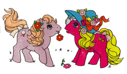 Size: 958x564 | Tagged: safe, baby lickety-split, baby shady, earth pony, pony, g1, bow, duo, female, filly, flower, flower in hair, hat, mouth hold, simple background, tail bow, white background