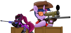 Size: 9038x4231 | Tagged: safe, artist:ejlightning007arts, tempest shadow, twilight sparkle, g4, boxes, butt, crossover, female, gun, hat, implied lesbian, implied shipping, lesbian, overwatch, plot, ponytail, rifle, ship:tempestlight, shipping, simple background, sniper, sniper (tf2), sniper rifle, sunglasses, team fortress 2, transparent background, twilight sniper, vector, weapon, widowmaker, widowtempest