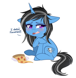Size: 1950x2000 | Tagged: safe, artist:higglytownhero, oc, oc only, oc:silver lining, pony, unicorn, crying, floppy ears, food, meat, pepperoni, pepperoni pizza, pizza, sad, simple background, solo, text, transparent background